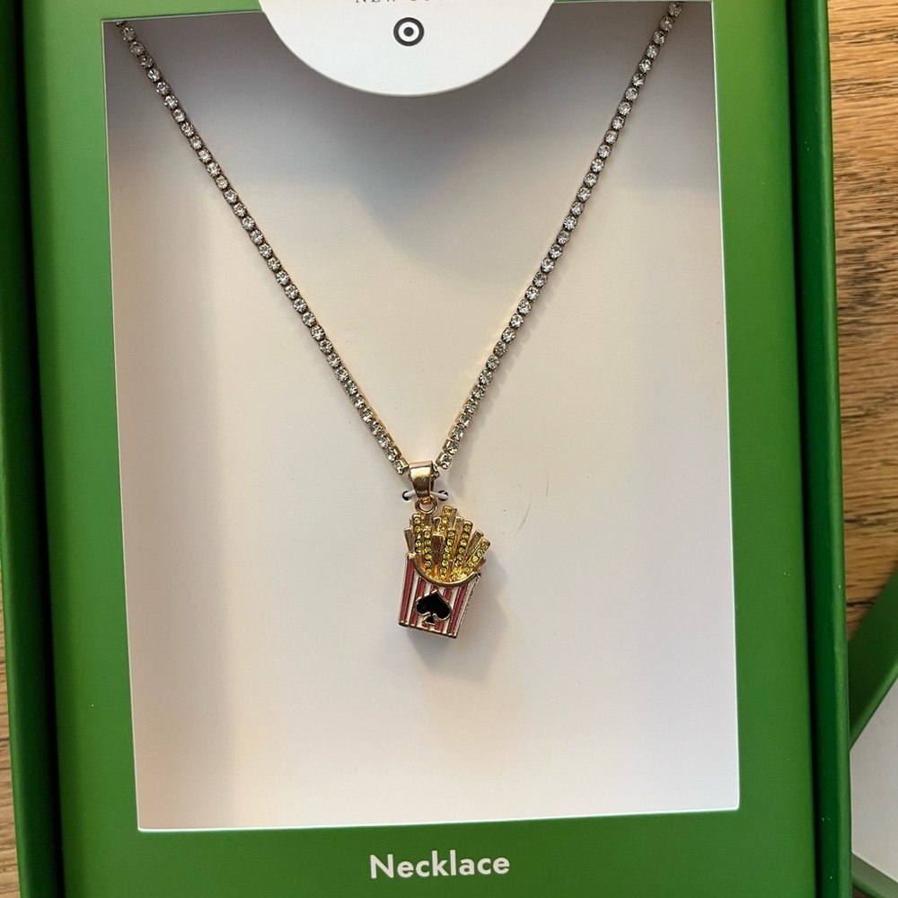 Kate Spade French Fry Box Pendant Necklace -Silver Chain with Red & Gold Accents
